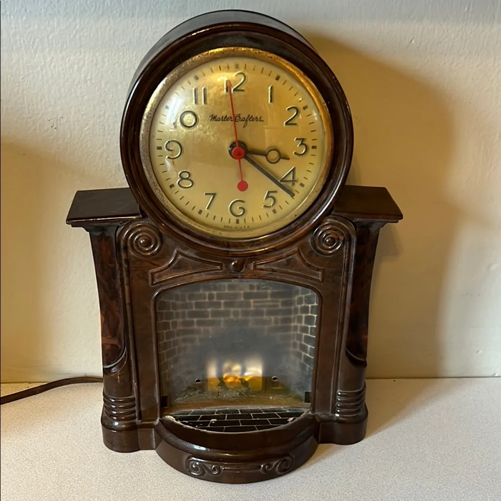 Brown Mantel Clock with Fireplace Design